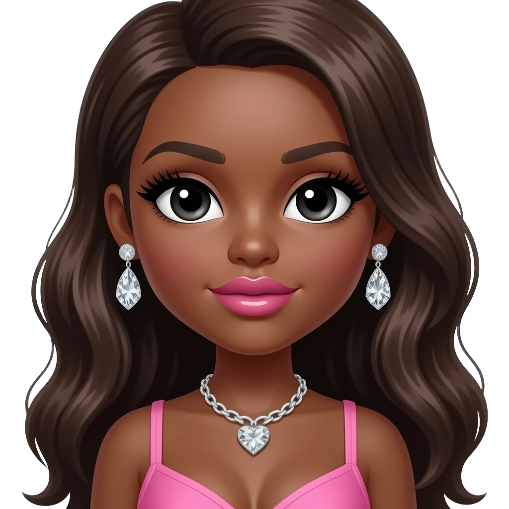 Black girl, Pink big lips, black doll eyes, dark brown skin, Long giant lashes,Doll faced shaped, silver Swarovski heart necklace, big diamond earrings studs, bimbo, black doll eyes, barbie, darker brown skin with long curly blonde hair, big breast, no bra emoji