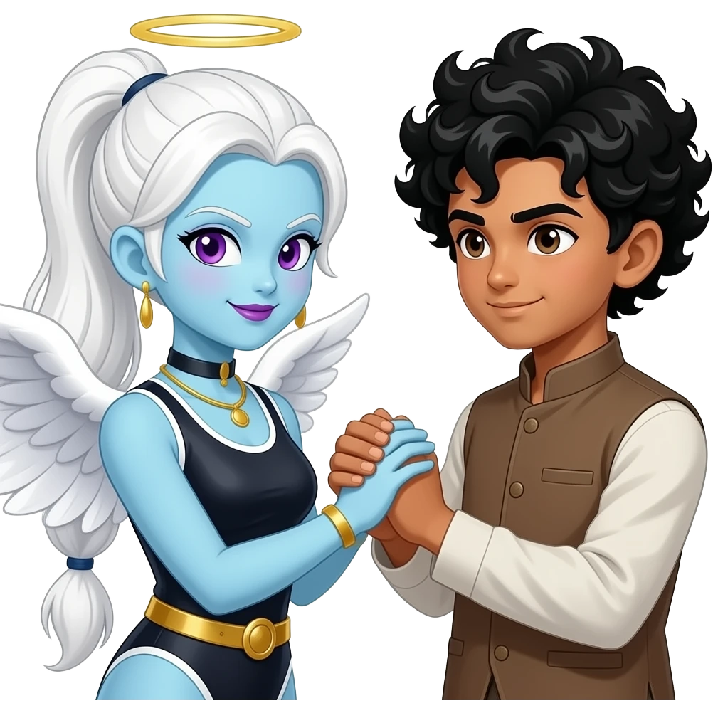 white ponytail haired pale blue skin purpled eyed and lips female angel vados from dragon ball super to meets with both hand joining black curly hair 18 yrs teenager boy indian revolutionary khudiram bose emoji