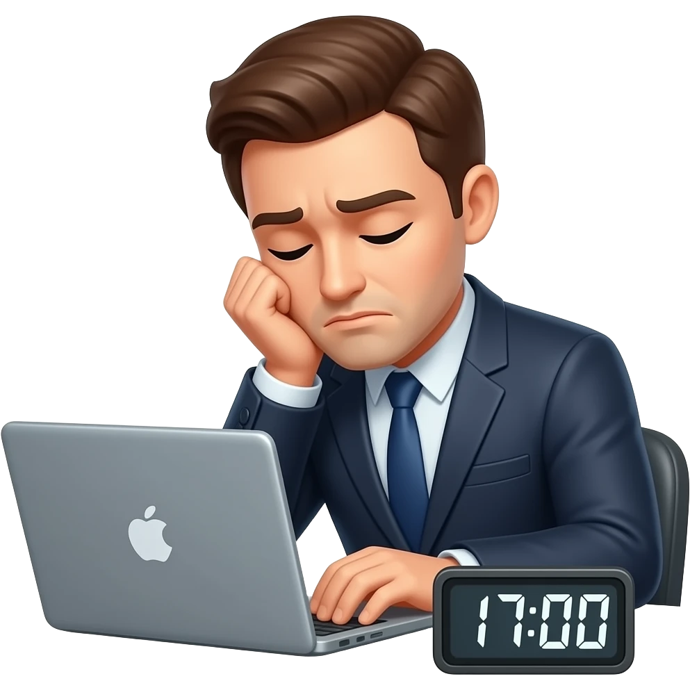 hombre con traje,exausto,sentado,reposandose en su escritorio,con laptop,un reloj digital que marque las "17:00" primer plano emoji