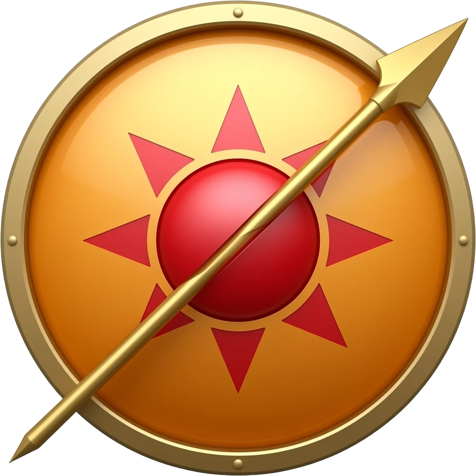 Generate me a house Martell shield, round, orange, with a red son and a golden spear piercing it, make it look more like a shield and make the spear pierce the sun make it look like an actual realistic shield and add gold , remove the spear thats straight jn the middle and use gold emoji
