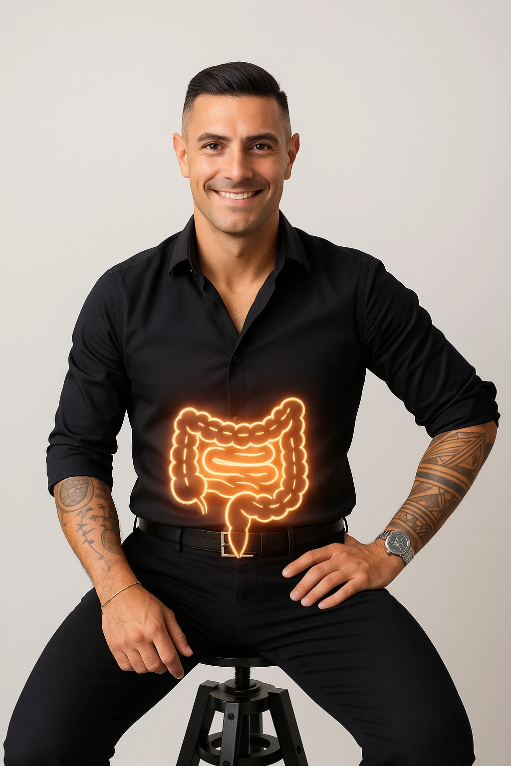 Vertical format: a smiling man with a healthy and confident appearance, featuring stylized glowing intestine symbols or positive energy in the abdominal area, conveying an atmosphere of wellness and health. emoji