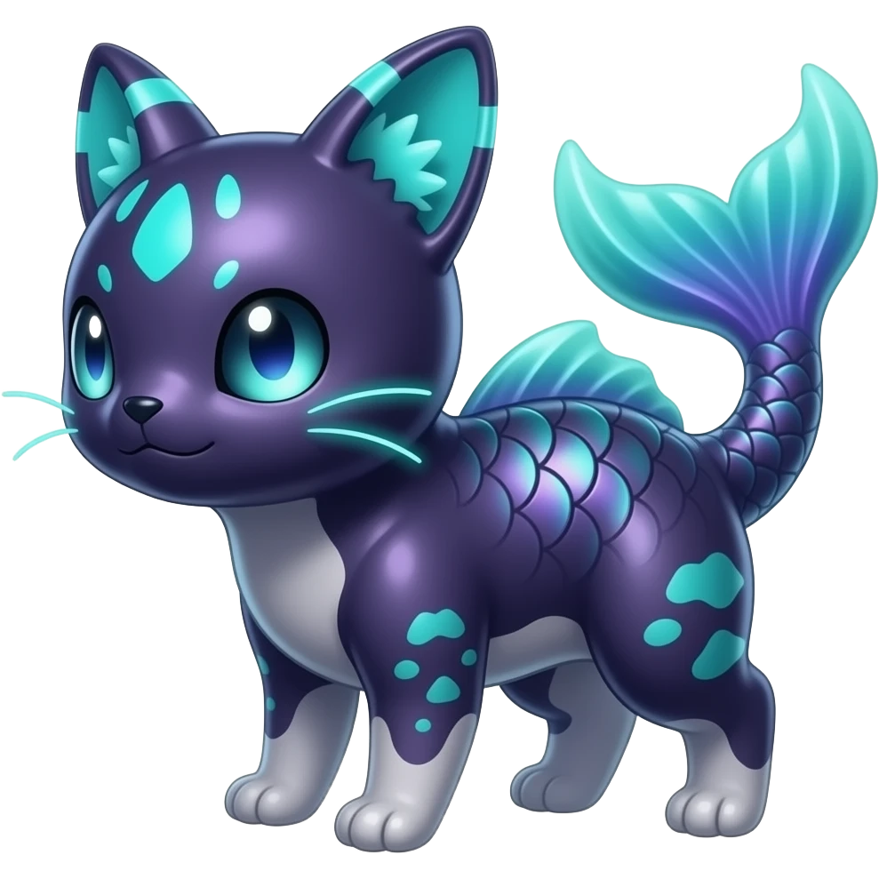 Realistic elegant furry iridescent-scaled slim smooth shiny glossy elegant mature bioluminescent oil-dark, purplish, neon-cyan-accented, fishy back-finned, abyss-fantasy-Koi-Lykoi-Bambino-Vaporeon-Umbreon-Civet-Fakémon-fusion, with thin neon-glowing bulb-whiskers, koi-piebald-flecked full body emoji