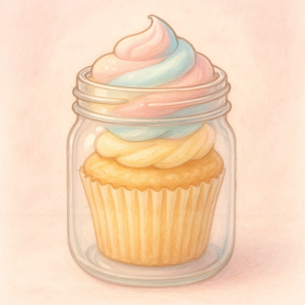 a vanilla cupcake inside a mason jar, pastel colors, cute and appetizing, frosting peeking over the rim emoji
