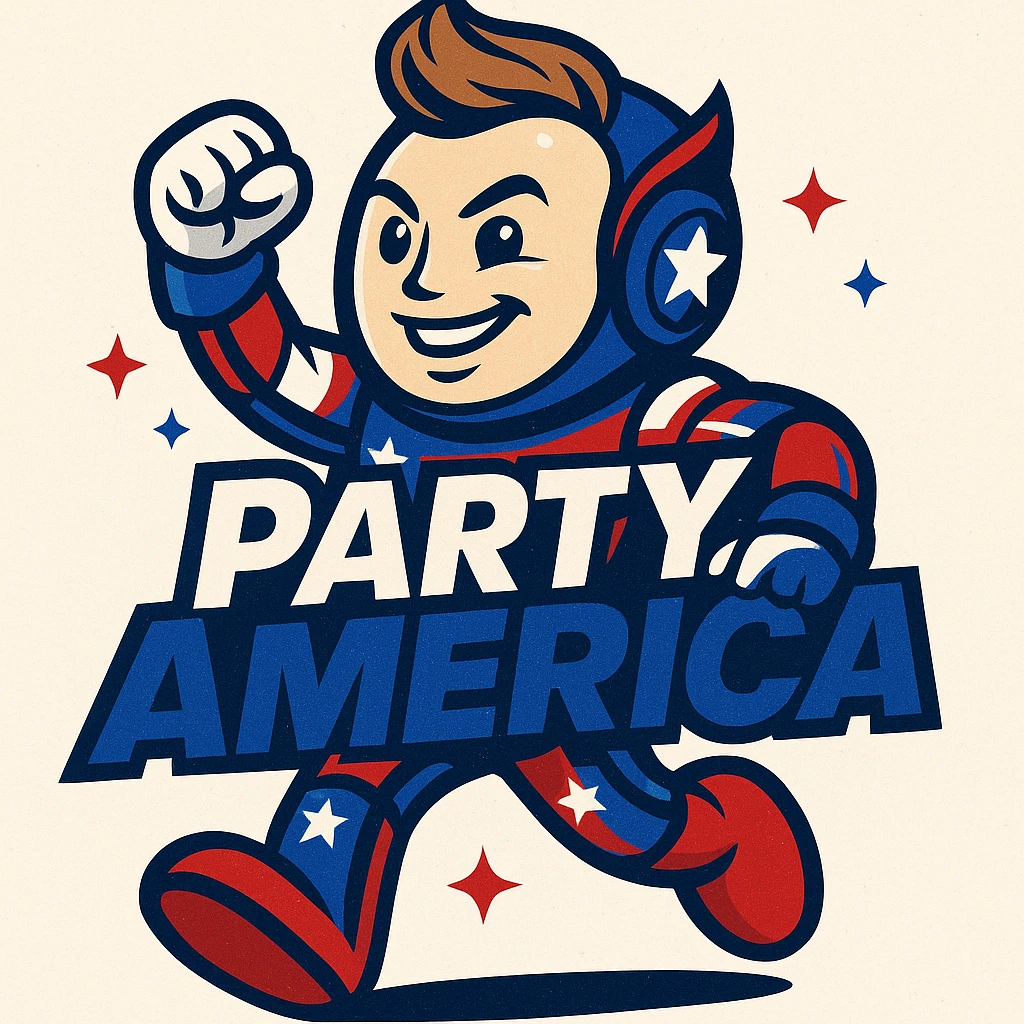 mascot-style creature for 'Party America' inspired by Elon Musk, with the party name 'Party America' integrated into the design, creature looks innovative and American, with stars and stripes emoji