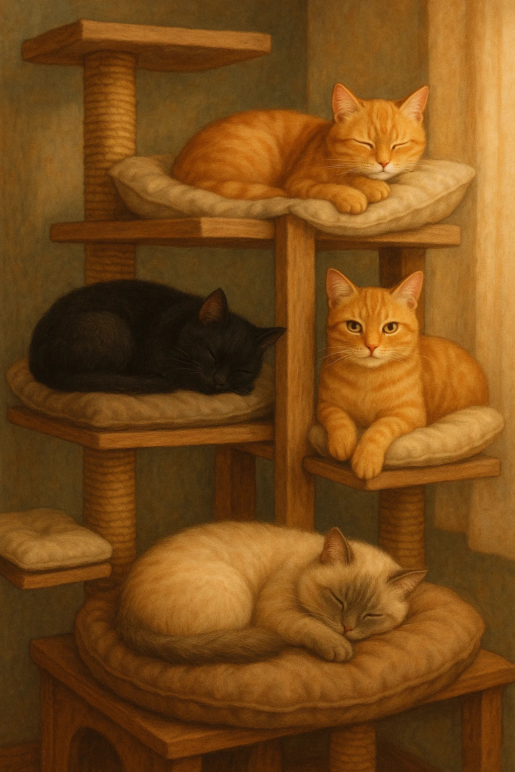 cats relaxing in a vertical playhouse emoji