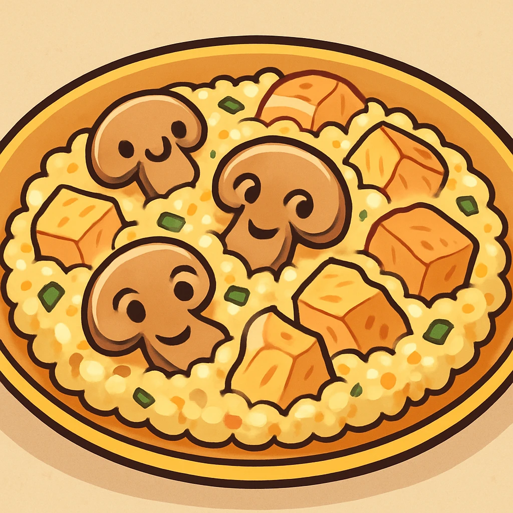 cartoon close-up of chicken mushroom risotto with mushrooms and chicken pieces, cheerful and colorful emoji