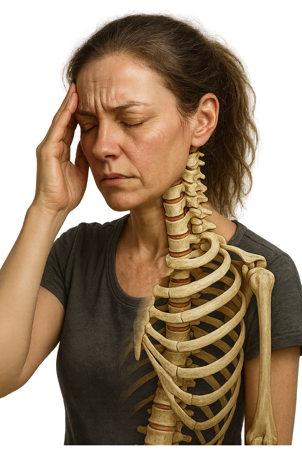 donna stanca che si tiene una mano sulla tempia con spina dorsale anatomica visibile, iperrealistico 4k emoji