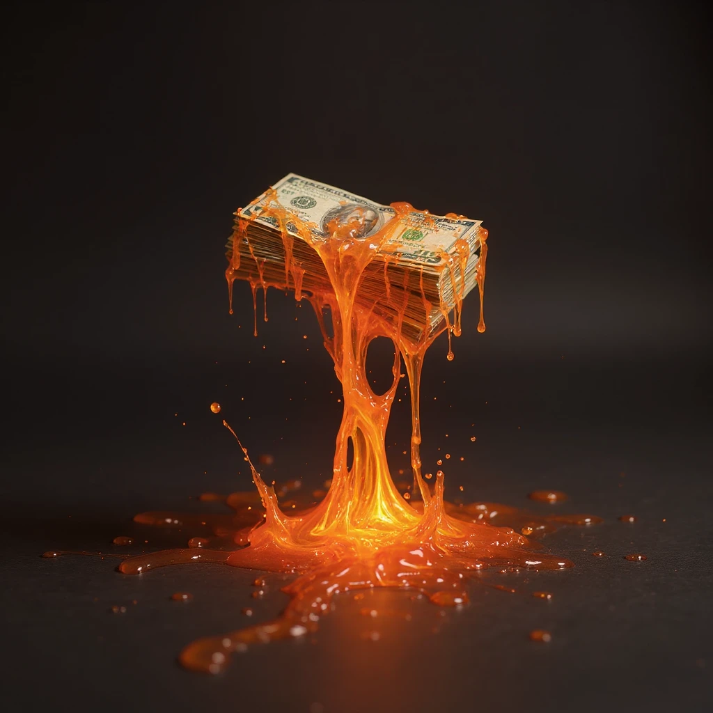 Remove the background from the image, keeping only the realistic, photorealistic molten money flowing like lava with a transparent background. emoji