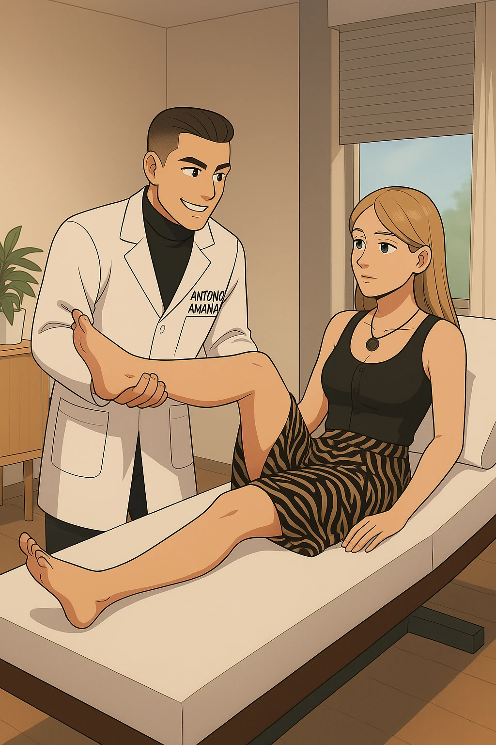 fai un webtoon/manga a colori con questo kinesiologo in camice bianco (fagli la scritta "ANTONIO ANANIA" SUL CAMICE) CHE SVOLGE UN TEST NEUROMUSCOLARE SOLLEVANDO UNA GAMBA ALLA RAGAZZA CHE è STESA SU UN LETTINO BIANCO. STANZA SEMPLICE E MODERNA, DURANTE IL TEST I DUE DIALOGANO TRA LORO. NON FARE I FUMETTI, FAI SOLO LORO COME SE DIALOGASSERO emoji