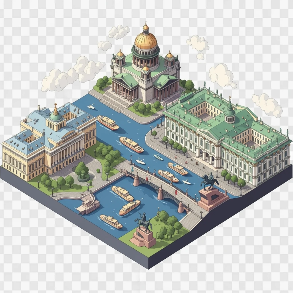 Isometric illustration of Saint Petersburg with the Saint Isaac’s Cathedral, the photorealistic Winter Palace, and the Bronze Horseman statue, toy boats and bridges, in pastel miniature diorama style, transparent background emoji