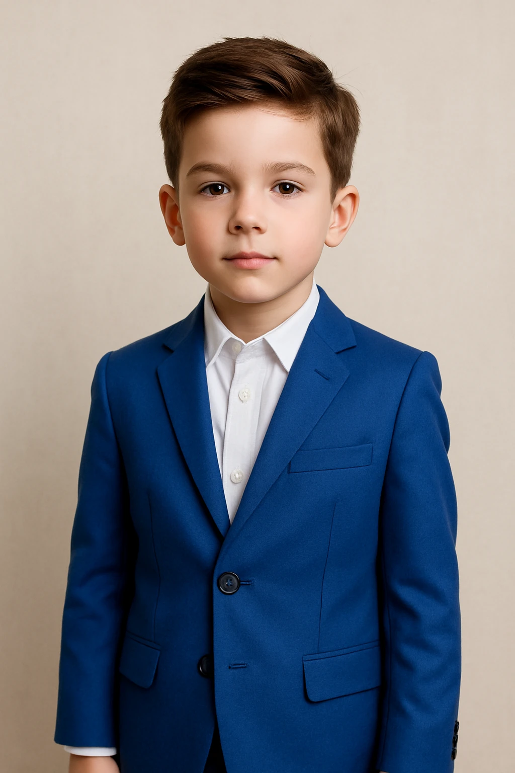 boy wearing a cobalt blue suit, brown hair, neutral background emoji