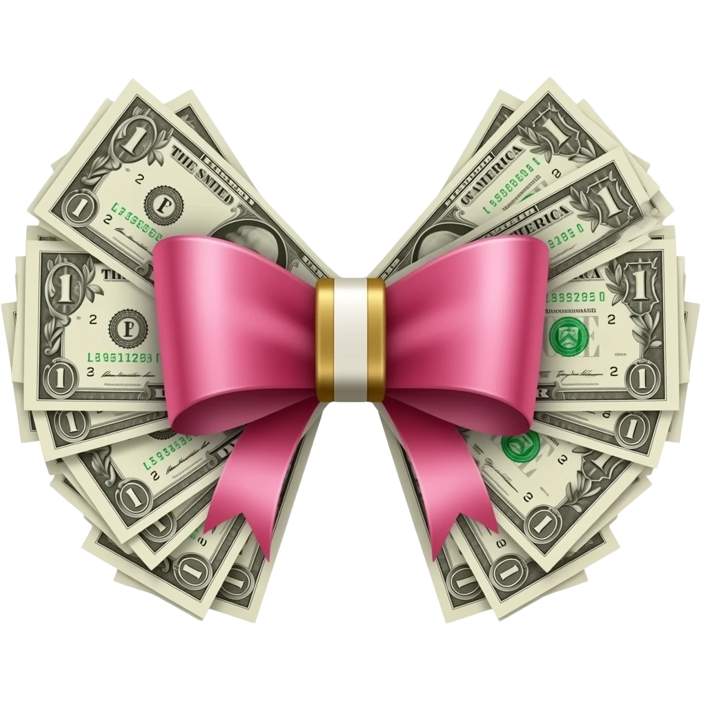 take this emoji and make the bow part made out of money keep the ends a pink ribbon emoji