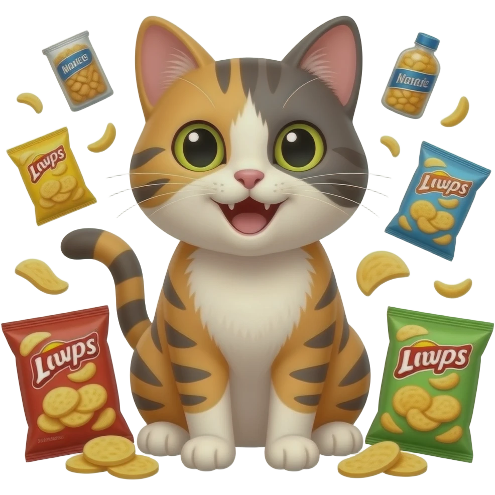 a happy cat surrounded by snacks and chips emoji
