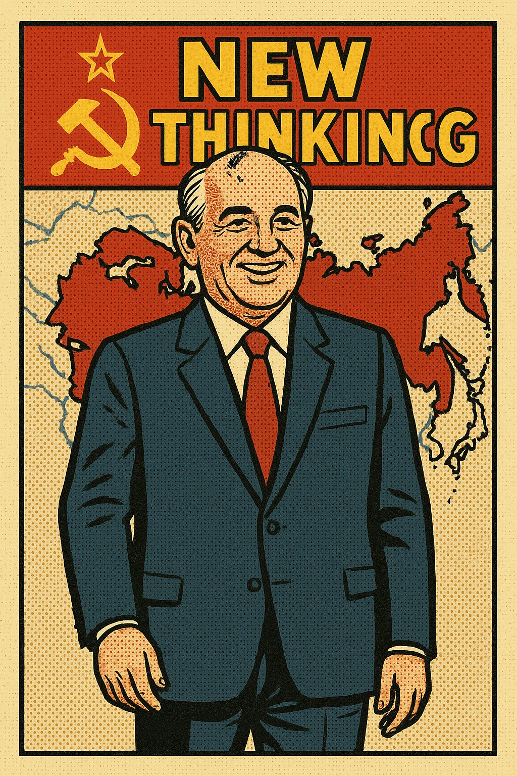 The full body of Soviet leader Mikhail Gorbachev with a smile on his face with a map of the Soviet Union and Eastern Europe in the background with the communist flag and a heading which reads 'New Thinking' emoji