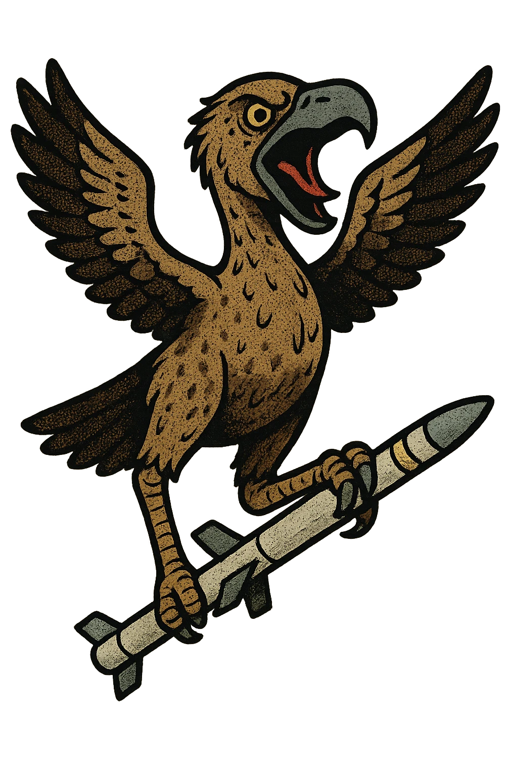 an insignia for a flag: a strange foreign alien bird creature, resembling a prehistoric phorusrhacos, gripping a sidewinder missile in its' powerful claw, standing up on its' other claw, cawing fiercely, wings spread in defiance.
 emoji