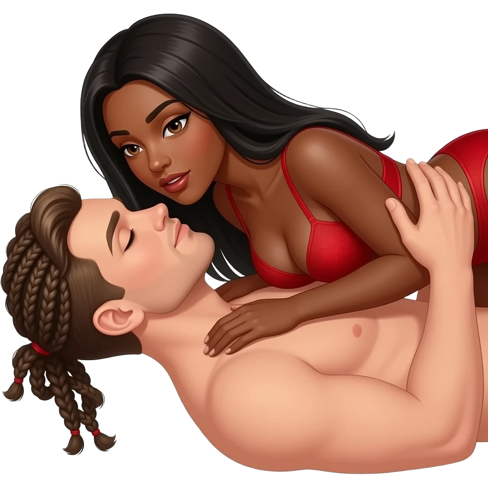 Lightskin black woman with brown eyes & long black straight hair wearing only a sexy red bra bent over having sex with a skinny white man with braids that come down to neck wearing nothing emoji