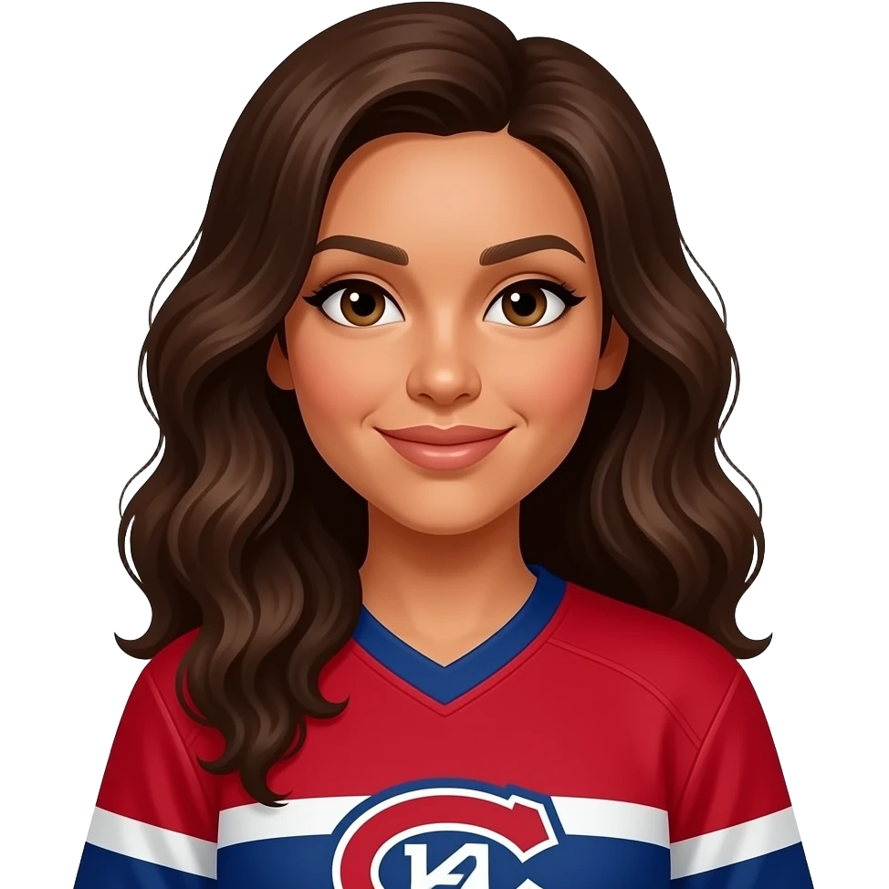 Habs fan red jersey emoji, tanned lady with tight long brown curly hair emoji