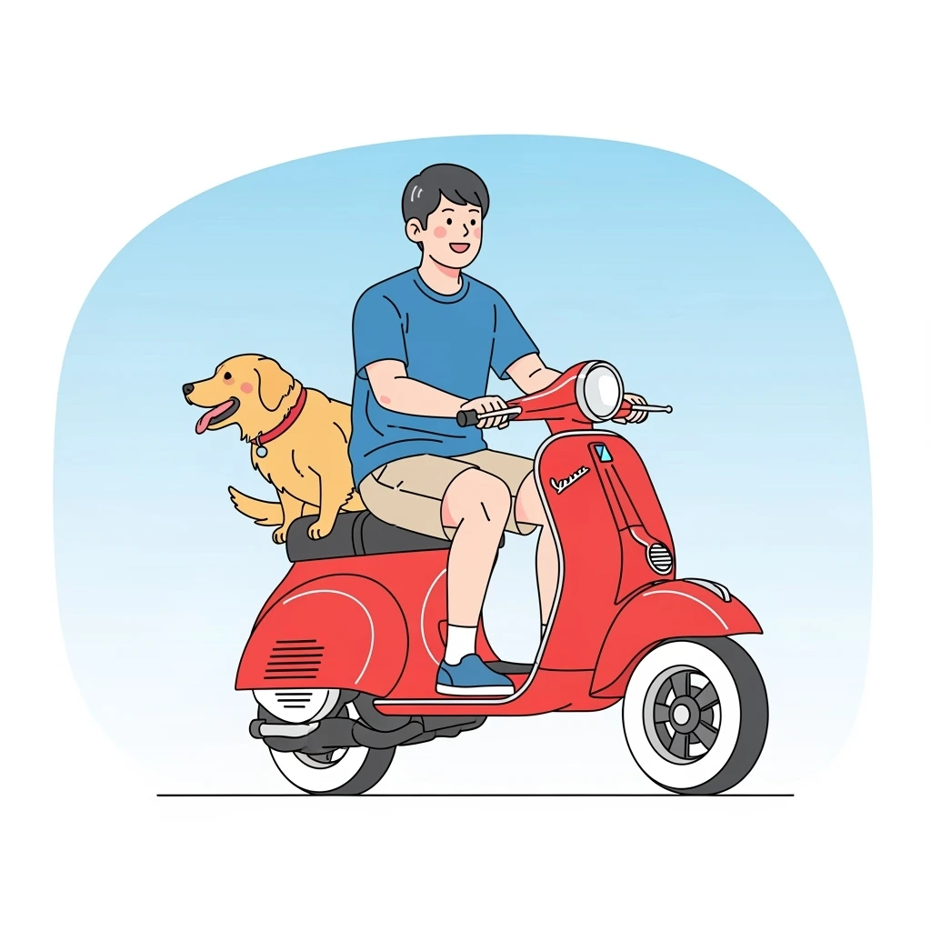 color vector art with thin outline of man and pet dog riding a scooter emoji