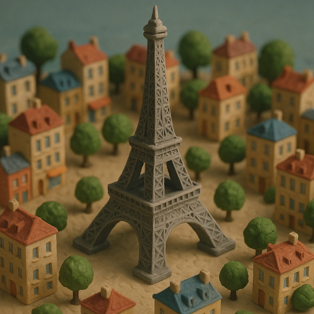 Isometric illustration of Paris, featuring the photorealistic Eiffel Tower surrounded by small Parisian buildings and trees, highly detailed in semi-realistic style emoji