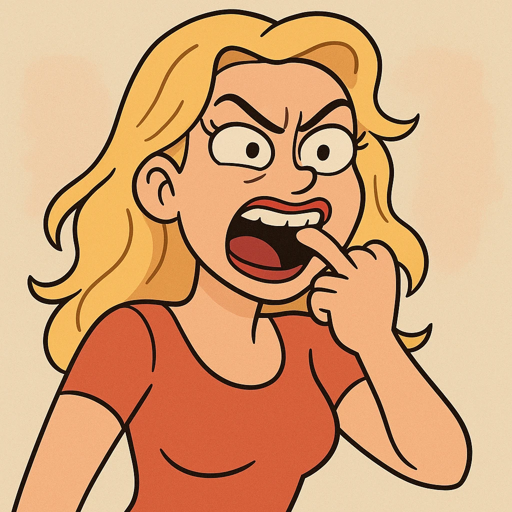 a blonde woman biting her finger boldly, cartoon style, exaggerated expression emoji