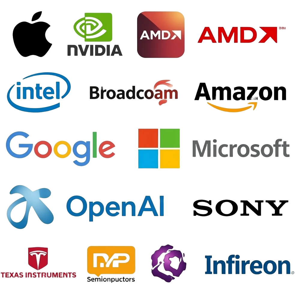 нарисуй логотипы Apple  Nvidia  AMD  Qualcomm  Intel  Broadcom  MediaTek  Google  Amazon  Microsoft  Meta✴  OpenAI  Tesla  Sony  Texas Instruments  STMicroelectronics  NXP Semiconductors  Infineon emoji