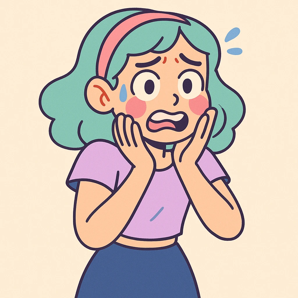 a stylish girl with anxious expressions, pastel cartoon style, soft colors, cute and expressive emoji