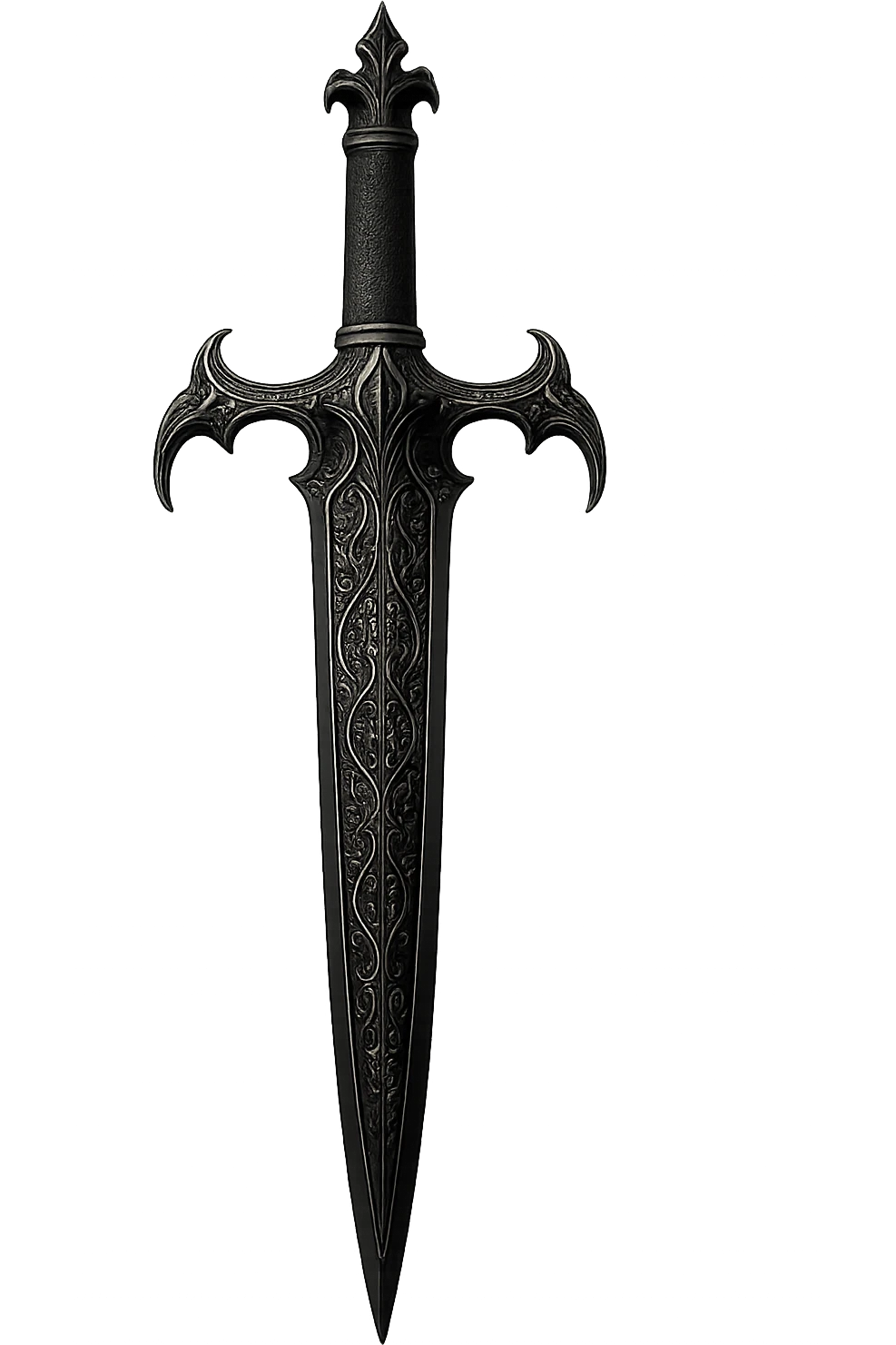 gothic ornate dagger, black blade with silver filigree, no background emoji