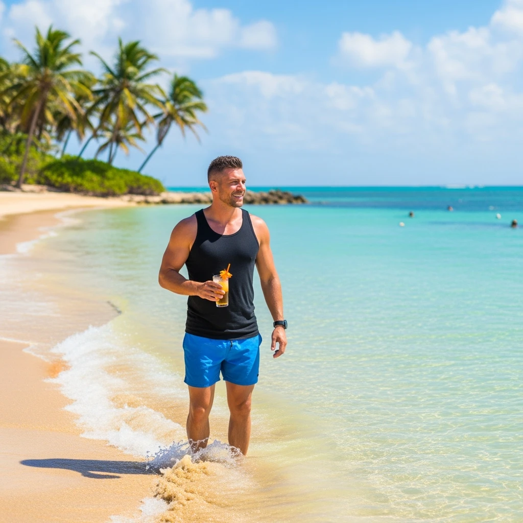 take this picture of a man and make it  beach photo with drink emoji