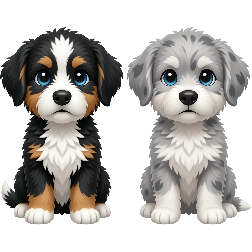 Blue Merle Aussiedoodle with blue eyes mostly white face one year is black. The other is gray. emoji