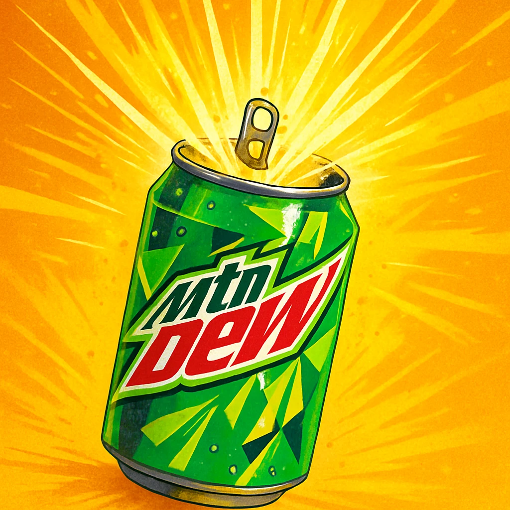 a can of Mountain Dew, vibrant and energetic, green and yellow colors, with sunshine rays bursting out when opened emoji
