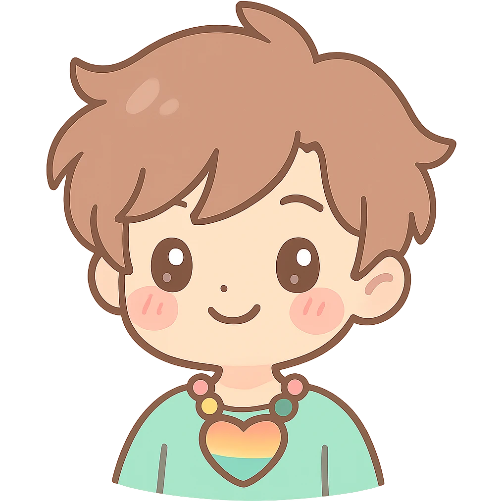anime boy with stylish hair, wearing a heart-shaped rainbow necklace, blushing, cute and friendly emoji