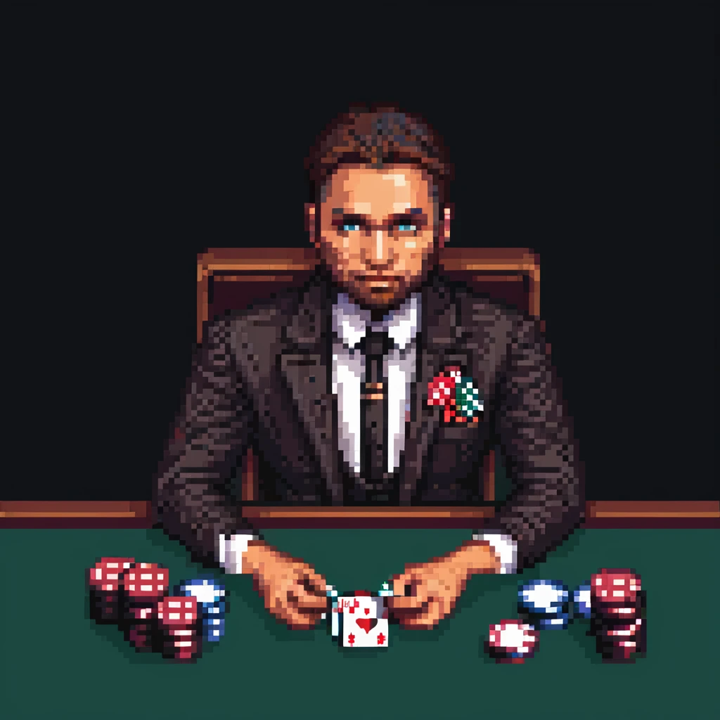 mafia guy sitting at a poker table with cards and chips, pixel art style emoji