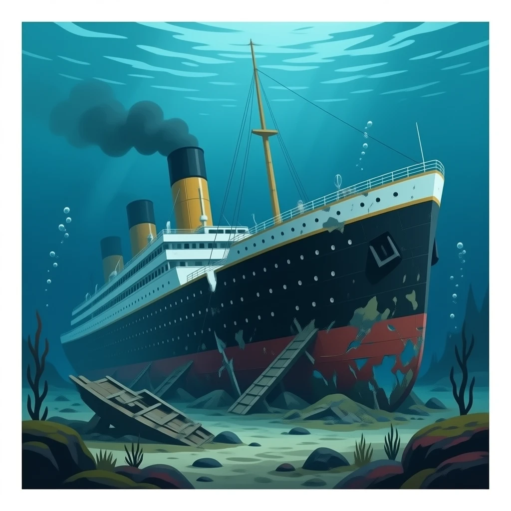Titanic shipwreck in the depths of the water and make it dirty and split apart emoji