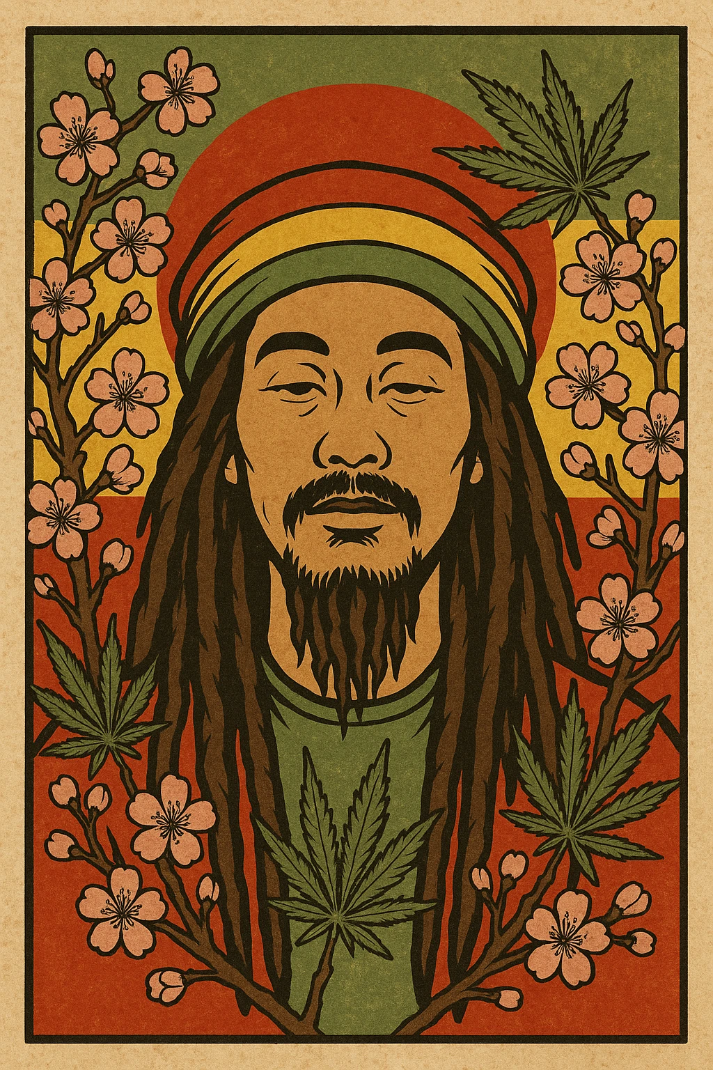 Vintage poster of an Asian Rasta with long dreadlocks, peaceful eyes, and a red-gold-green tam. Surrounded by cherry blossoms and ganja leaves. Background blends Rasta colors into an Asian flag (e.g., red sun from Japan or Chinese star). Retro reggae fusion vibe, with bold lines and aged paper texture.
 emoji