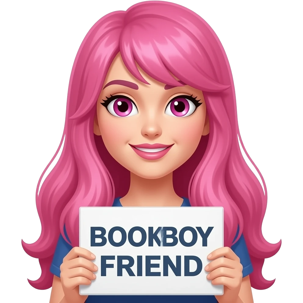 sexy girl with long pink hair and pink eyes  holding a BOOKBOY FRIEND sign emoji