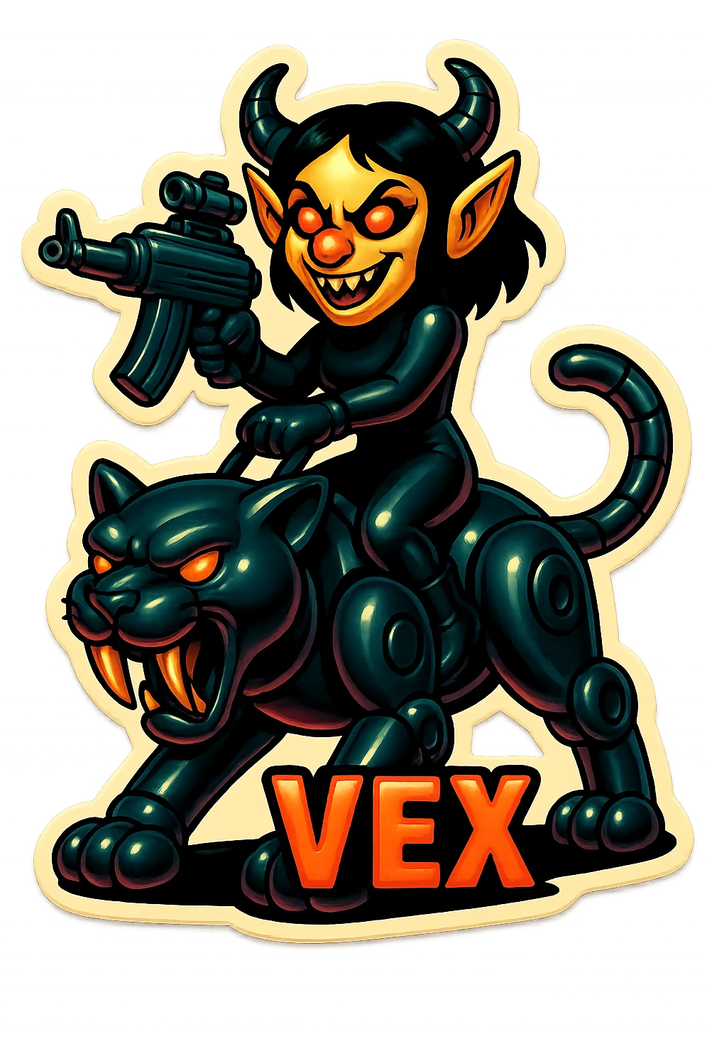 vex rides robotic saber tooth cat the black chrome cat springs with her riding it emoji