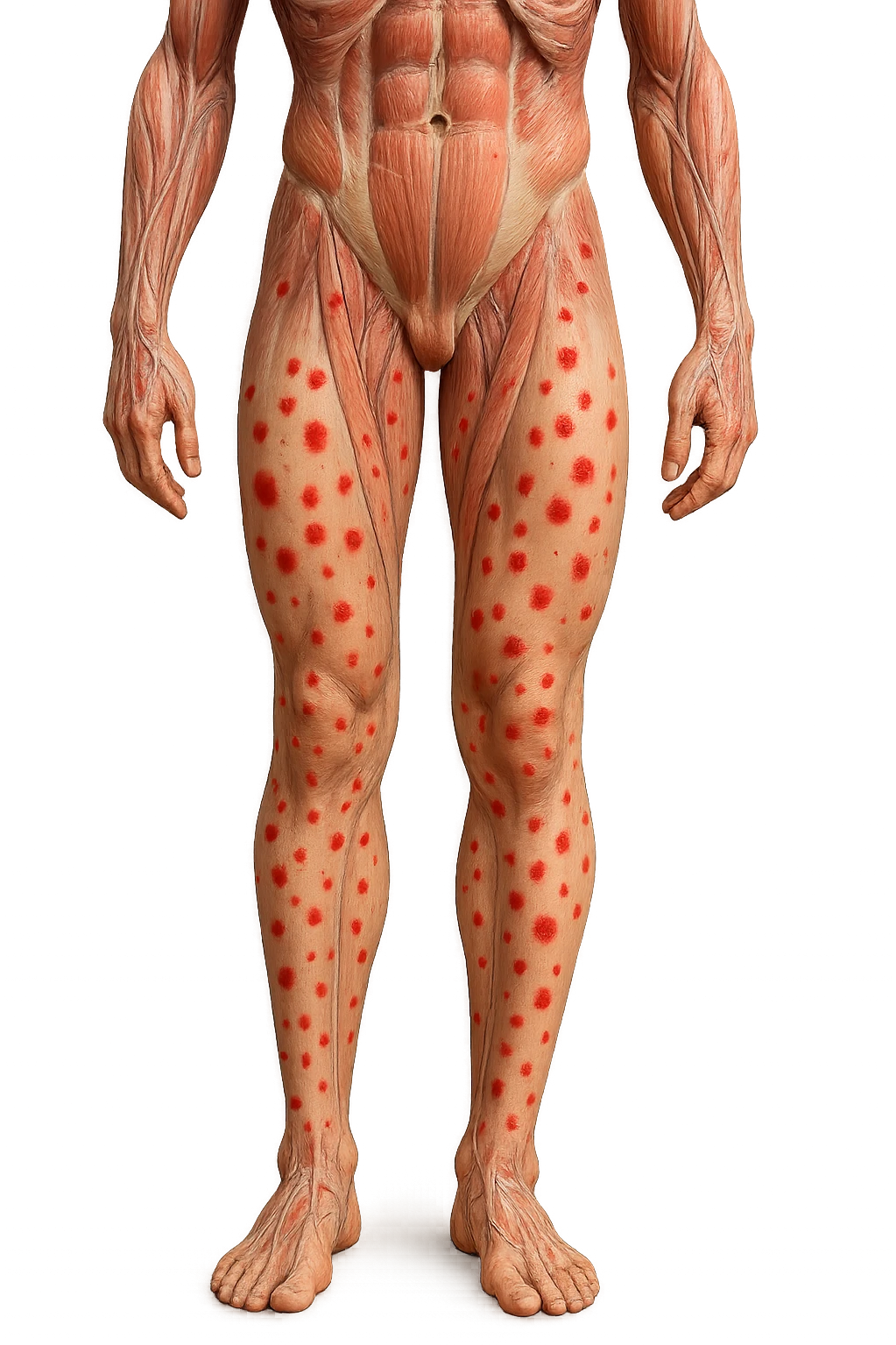 corpo umano anatomico con red spot sparsi sulle gambe, iperrealistica in 3d emoji