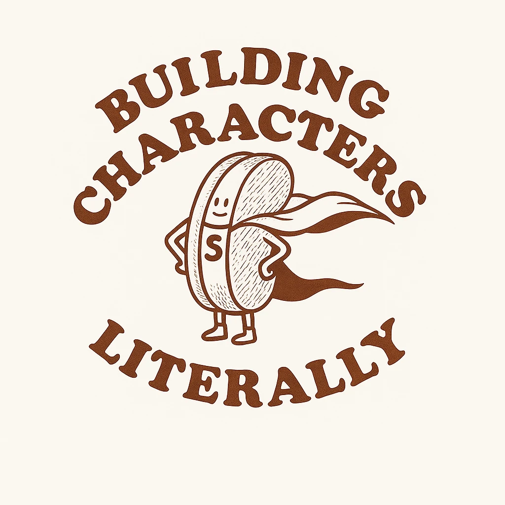 change the text here to be "building characters" on top "literally" on the bottom emoji