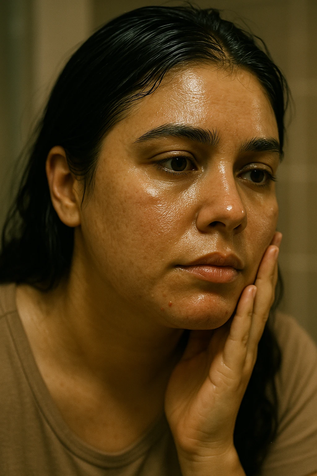A highly realistic, cinematic close-up portrait of a young woman in her late 20s with medium skin tone, showing visible oily skin and enlarged pores on her cheeks, nose, and forehead. Her skin has a noticeable shiny appearance due to excessive sebum production, and small acne spots are visible along her jawline and chin, indicating hormonal imbalance. Her dark hair appears greasy, clumping in some areas near her scalp, emphasizing unwashed, oily hair due to overactive sebaceous glands caused by PCOS. The woman looks at herself in the mirror with a tired yet hopeful expression, gently touching her cheek with her fingertips as she observes her skin condition. The setting is a softly lit bathroom with natural daylight, and the reflection shows the detail of her skin texture and greasy hair strands. Style: 35mm hyperrealistic film, warm neutral tones with soft depth of field, focusing on the oily skin texture, visible pores, and greasy hair to clearly illustrate the visual symptoms of PCOS. in italiano emoji
