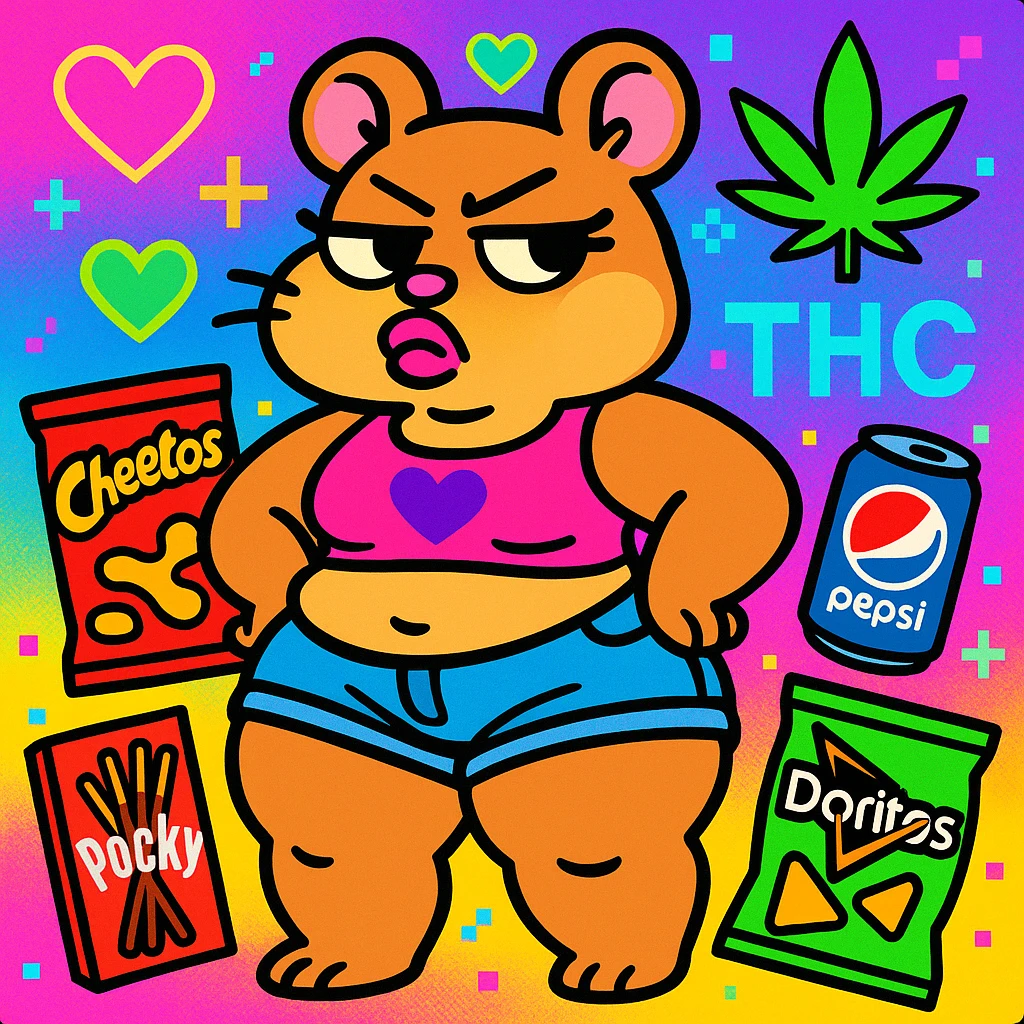 Vibrant, square Discord server icon for 'The Hamster Cult (THC)'. Central character: thick tan anthro cute hamster girl with big thighs, chubby tummy, pouty lips, and a bratty attitude, wearing a cute crop top and shorts. Colorful, vaporwave-inspired background with neon hearts, fruitger aero and webcore pixel details, weed leaf, subtle 'THC' logo, and surrounded by nostalgic snacks. Playful, bratty, chaotic but polished, perfect for a Discord icon. emoji