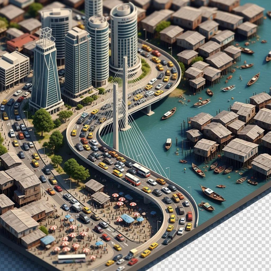 Isometric miniature of Lagos Lekki-Ikoyi Bridge, Eko Atlantic skyscrapers, Makoko slums, tin-roof shacks, chaotic markets, gridlocked traffic, 3D miniature effect and Tilt Shift effect, no cartoonish look, transparent background, don't cut angles emoji