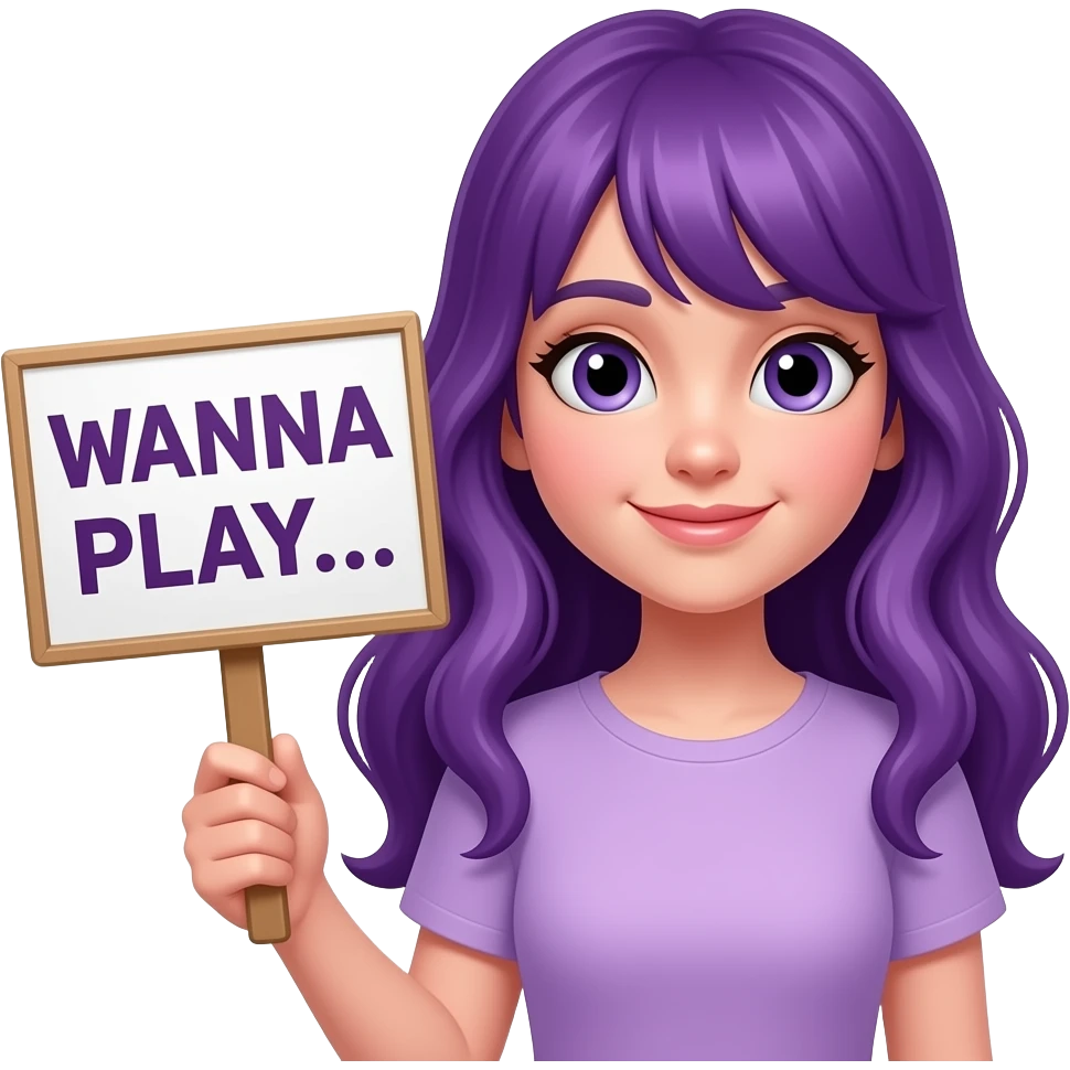 girl with long purple hair holding a WANNA PLAY... sign emoji