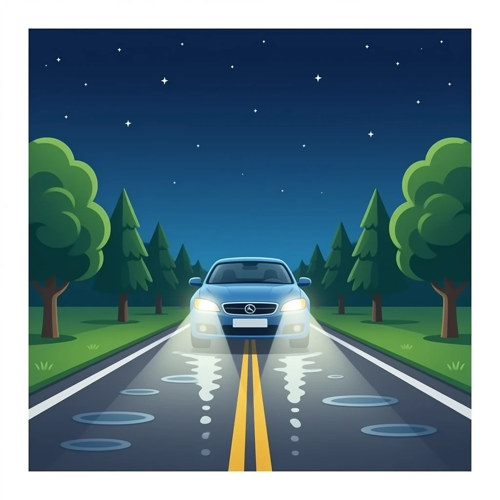 A light beam on the road from a car shinning through the darkness of night brightly emoji