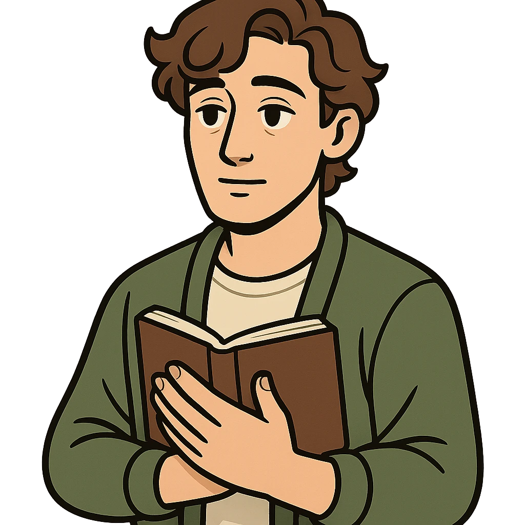 Calm and thoughtful male confidant, fair skin, soft wavy brown hair, gentle eyes, wearing a green cardigan over a light shirt, holding an open journal close to chest, waist-up, front-facing, pure background emoji
