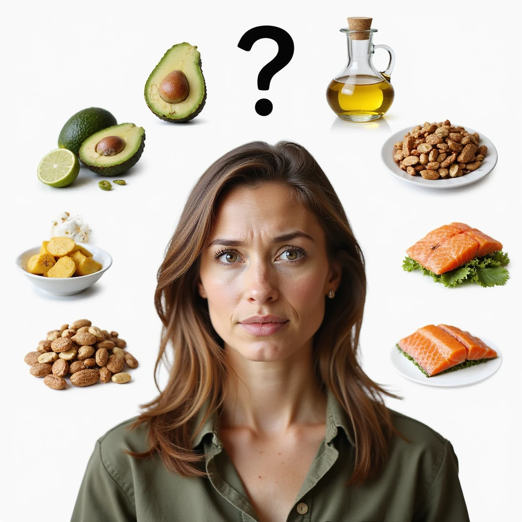 realistic woman with perplexed expression, surrounded by realistic icons of healthy fats (avocado, olive oil, nuts, salmon), question mark above head, hyperrealistic details, natural light, PNG without background, variant 2 emoji