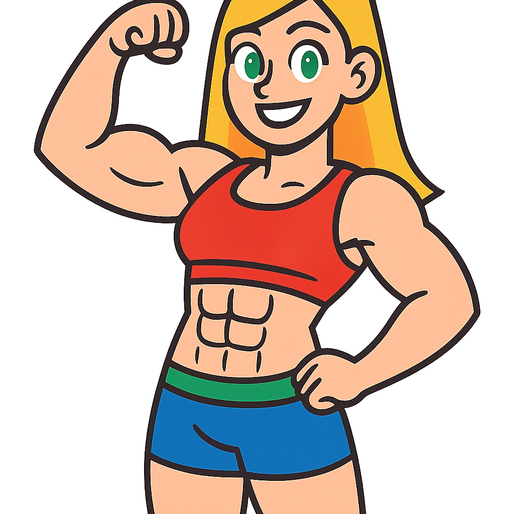 full body pose of a muscular white girl with blonde hair and green eyes, flexing 6 pack abs and one arm bicep emoji