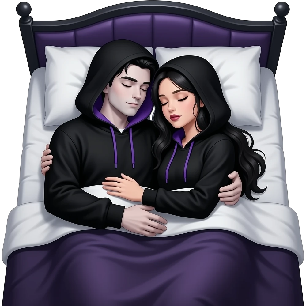 Sexy gothic couple laying down in bed and  cuddling with their eyes closed wearing black and purple hoodies. . Realistic emoji