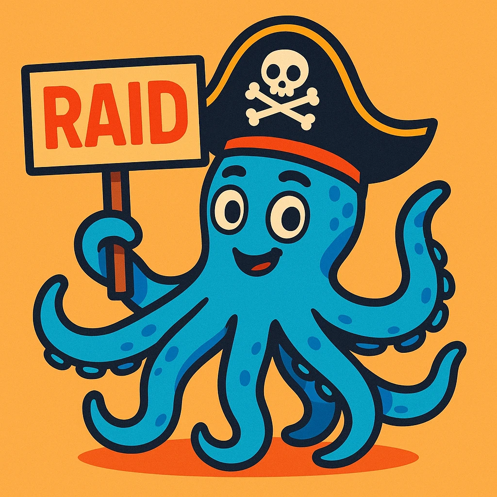 a blue octopus wearing a pirate hat holding a sign that says RAID, fun, bold style, vibrant colors, modern illustration emoji