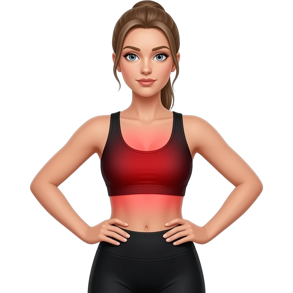back pain, full red glow covering the entire back, woman with hands on lower back, fair-skinned woman, gray-blue eyes, ash brown brows, ash light brown hair tied back, slim athletic body, black workout set emoji