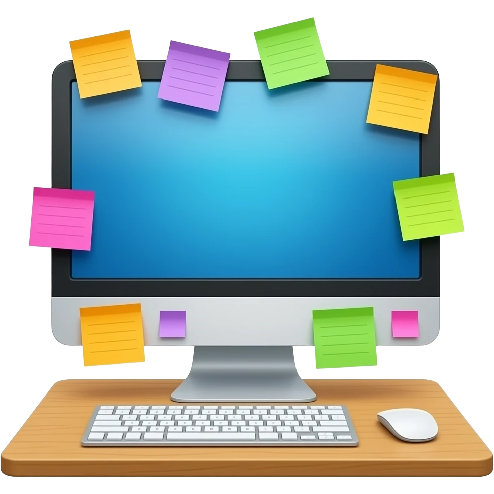 a white computer set up with some sticky notes on it emoji